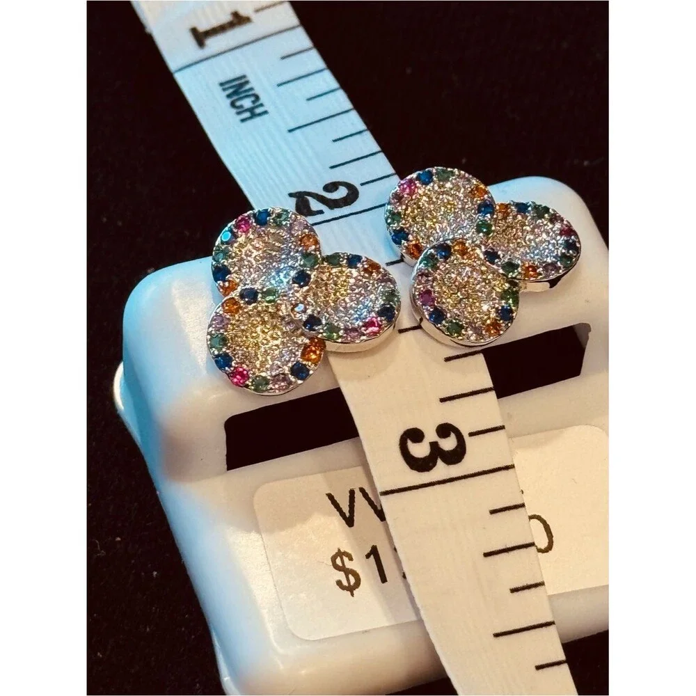Multi Color VVS CZ Pavé Cluster Stud Earrings NWT Rainbow Stainless Steel
